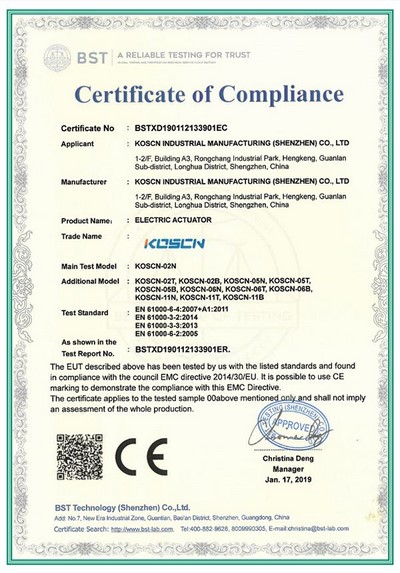 Electric Actuator CE Certificate