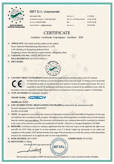 Pneumatic Actuator CE Certificate