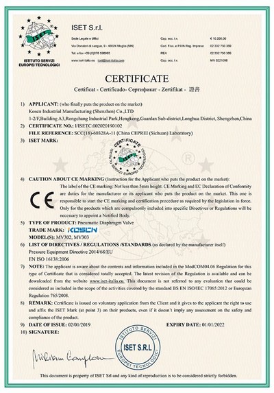 Pneumatic Diaphragm Valve CE Certificate